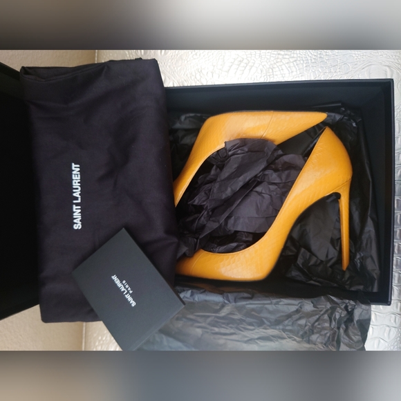 SAINT LAURENT Zoe 105 Croc Snakeskin Embossed Leather Pump 38 Yellow Cream + Box - Picture 6 of 11